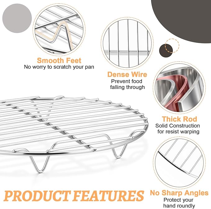 P&P CHEF Round Cooking Rack, 3 Pcs Stainless Steel Baking Cooling Steaming Grilling Rack, Fits Air Fryer/Stockpot/Pressure Cooker/Round Cake Pan, Oven & Dishwasher Safe (7.5 + 9 + 10.5 Inch) - Image 4