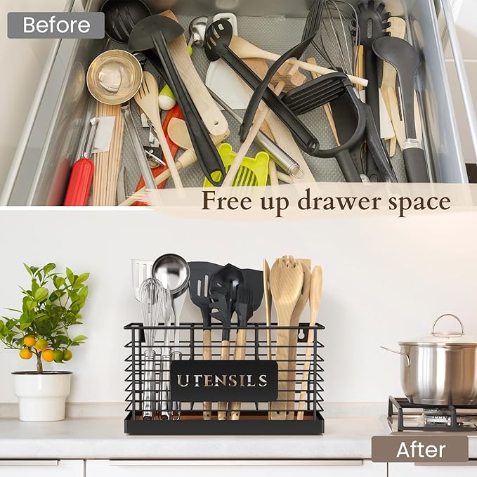 THYGIFTREE Utensil Holder for Kitchen Counter Large Black Metal Cooking Utensil Organizer 3 Compartments for Countertop Kitchen Tool Spatula Holder Wood Base - Image 3