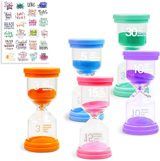 Sand Timer Set 3/5/10/15/30 Minutes with Inspirational Sticker Sheet, Colorful Decorative Hourglass for Home Office Kitchen Time Management, Decorative Sand Clock