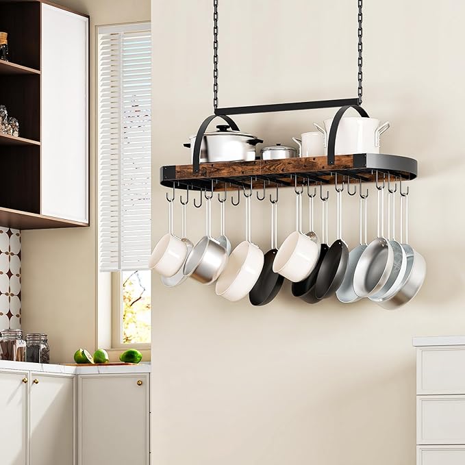 CHOEZON Hanging Pot Rack, Pot Hanger for Kitchen, Ceiling Mounted Pot Holder, Cookware Organizer with 18 S-Shaped Hooks, for Pot, Pan Storage, Space-Saving, Rustic Brown and Black TPR18BF - Image 3
