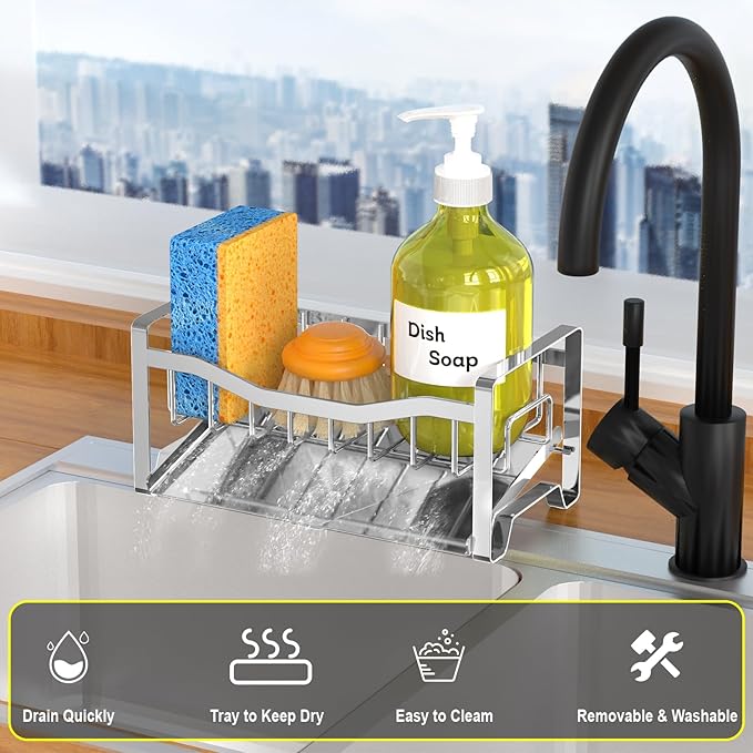 Maifan Stainless Steel Kitchen Sink Caddy Organizer with Auto Drain Tray, Sponge Holder for Countertop Storage Silver - Image 3
