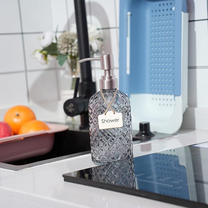 16 oz Diamond Pattern Glass Soap Dispenser, Kitchen and Bathroom Refillable Soap Dispenser with Rust Resistant Stainless Steel Pump for Hand Soap, Lotion Glass Liquid Dispenser (Grey) - Image 2