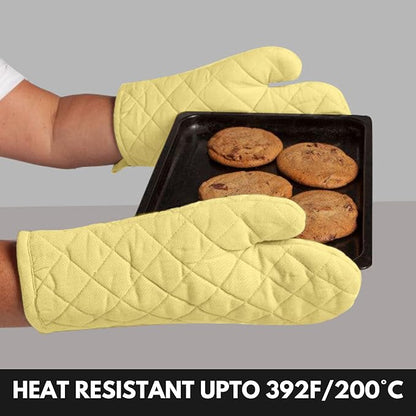 Oven Mitt (7"x13") & Pot Holder (8"x8") 100% Cotton Set of Heat Resistant Oven Gloves & Hot Pads for Gifts, BBQ, Cooking, Baking, Thanksgiving - Pale Yellow