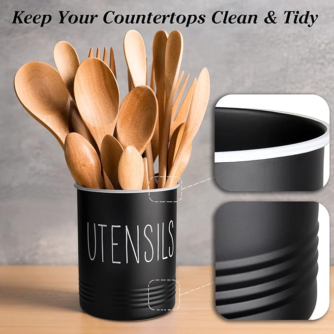 Kitchen Utensil Holder, 6.7" Utensil Holder for Kitchen Counter, Cooking Utensil Crock with Cork Bottom, Modern Farmhouse Decor, Countertop Utensil Storage Organizer Caddy, Black - Image 4