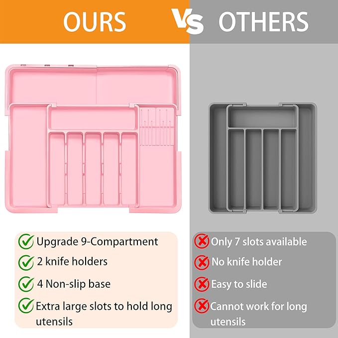 Homecor Silverware Organizer - Expandable Large Kitchen Drawer Organizer Utensil Organizer with 2 Knife Block Inserts, 22"x 19"Cutlery Tray with Drawer Dividers for Kitchen Flatware (Pink) - Image 4