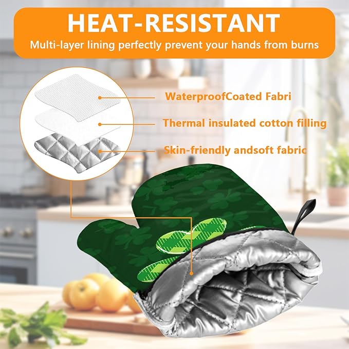 Green Clover Oven Mitts and Pot Holders Sets 4Pcs,Extra Long Oven Gloves Potholder for Kitchen Cooking Baking BBQ 100% Cotton Heat Resistant(St. Patrick's Day) - Image 3