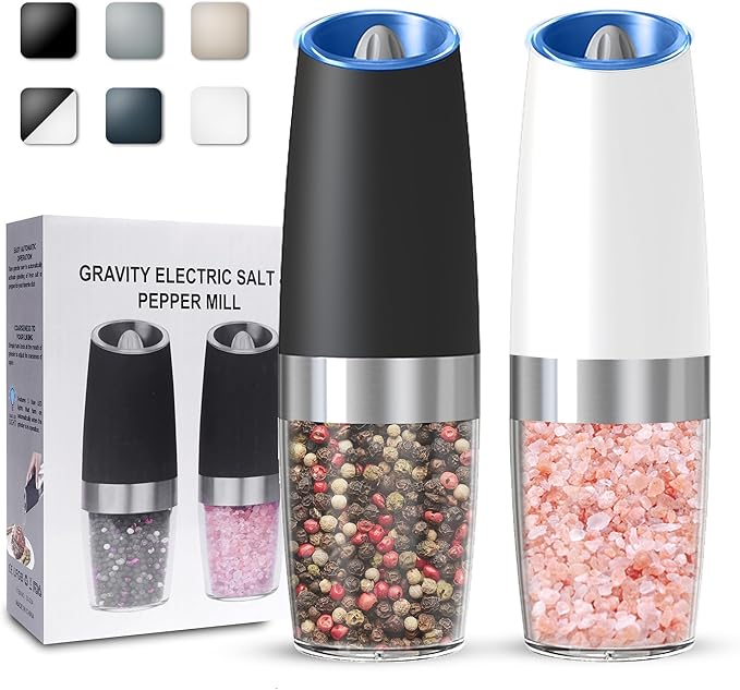 UNNEES Gravity Electric Salt and Pepper Grinder set of 2, Automatic Salt And Pepper Grinder Set, Adjustable Roughness, Battery Powered, LED Light, 2 Pack, (Black&White) by UNNEES