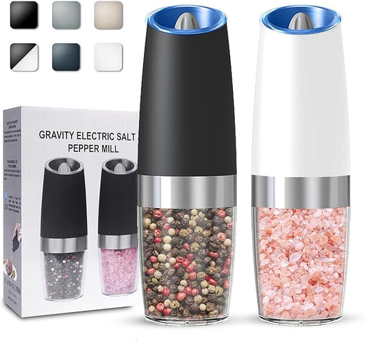 UNNEES Gravity Electric Salt and Pepper Grinder set of 2, Automatic Salt And Pepper Grinder Set, Adjustable Roughness, Battery Powered, LED Light, 2 Pack, (Black&White) by UNNEES
