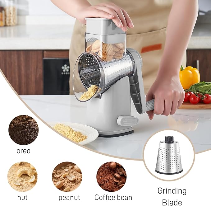 Weltonhm Rotary Cheese Graters with 4 Blades, Large Hand Crank Cheese Grater with Waffle Slicer, Grey Cheese Shredder with Suction Base, Easier for Shredding & Grating (Grey, 4 Graters)