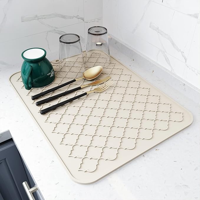 AMOAMI-Dish Drying Mats for Kitchen Counter-Silicone Dish Drying Mat-Kitchen Dish Drying Pad Heat Resistant Mat-Kitchen Gadgets Kitchen Accessories Kitchen Small Appliances(12" x 16", BEIGE) by AMOAMI