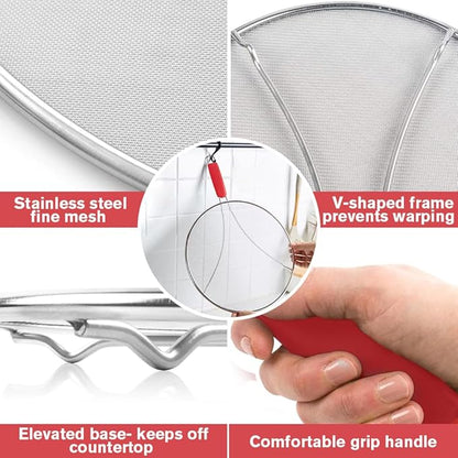 Splatter Screen for Frying Pan & Food Strainer,13 Inch Stainless Steel Grease Splatter Guard,Shield from Splashing Oil, Dishwasher Safe(Red) - Image 5