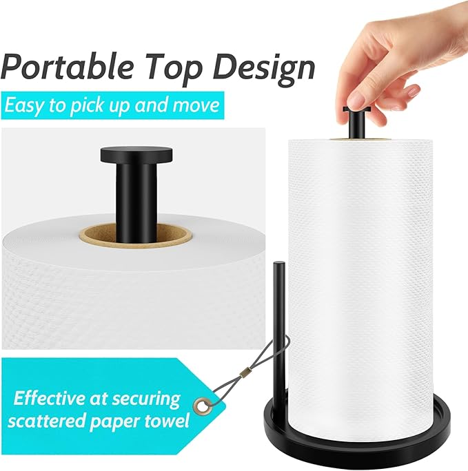 Paper Towel Holder Countertop, Standing Paper Roll Holder with Anti Slip Weighted Base, Stainless Steel Freestanding Paper Towel Holder for Kitchen, Black - Image 4