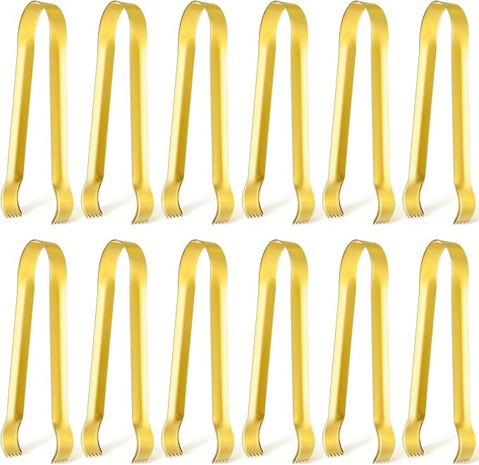 Gejoy 12 Pieces Small Serving Tongs 6.3" Mini Gold Ice Stainless Steel Appetizers Tongs for Tea Party Coffee Bar Kitchen