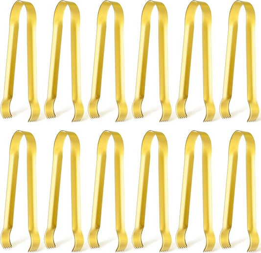 Gejoy 12 Pieces Small Serving Tongs 6.3" Mini Gold Ice Stainless Steel Appetizers Tongs for Tea Party Coffee Bar Kitchen