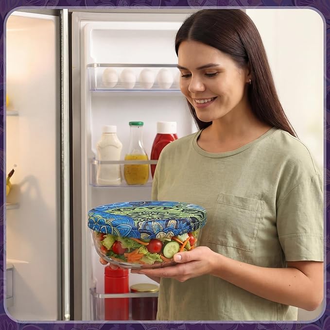 Patelai 10 Pcs Bowl Covers Reusable in 5 Size Stretch Cloth Fabric Elastic Food Storage Bowl Covers Bread Sourdough Lids for Proofing Food Fruits Leftover (Colored,Symmetrical Pattern) - Image 6