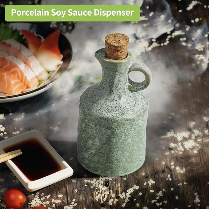 MDLUU Ceramic Olive Oil Vinegar Dispenser Bottle with Cork Stopper, 13.5 oz Porcelain Clay Small Opaque Oil Cruets with Funnel, Set of 2 (Green and White)