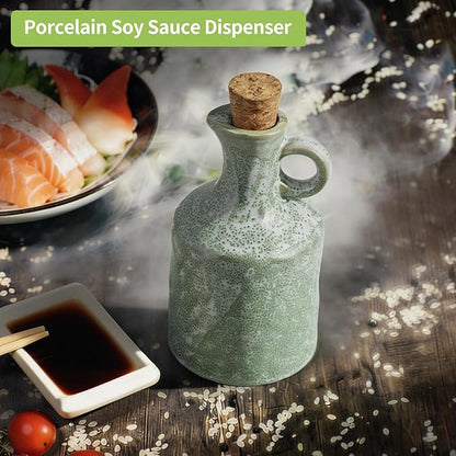 MDLUU Ceramic Olive Oil Vinegar Dispenser Bottle with Cork Stopper, 13.5 oz Porcelain Clay Small Opaque Oil Cruets with Funnel, Set of 2 (Green and White)
