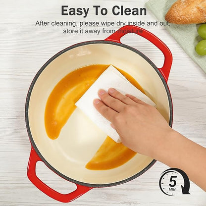 6 QT Enameled Cast Iron Dutch Oven with Lid, Non-Seasoning Enamel Coated Pot, 500°F Oven Safe, Dual Handles, Compatible with All Cooktops for Bread Baking, Braising & Stewing, White (Red,6 QT)