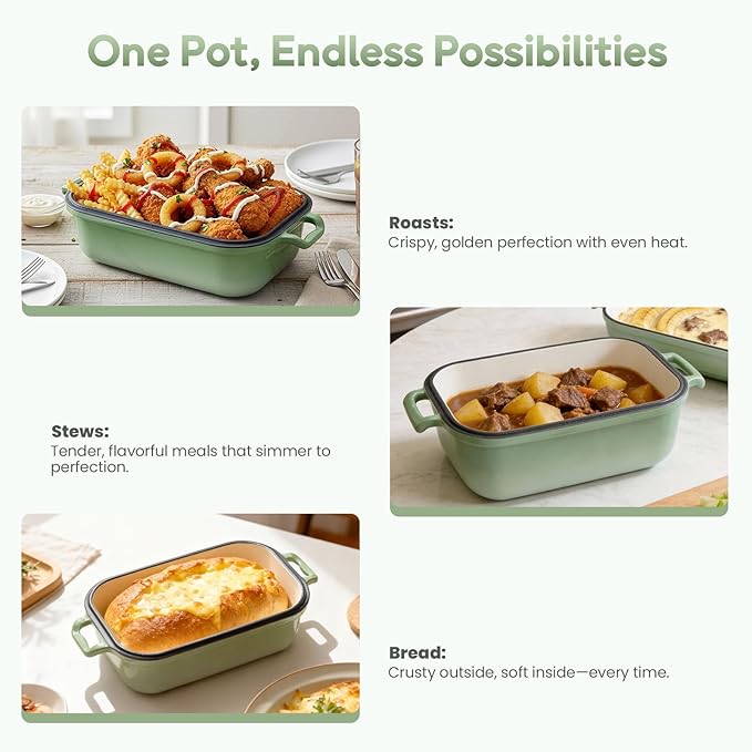 Enameled Cast Iron Dutch Oven Pot with Lid, Dutch Oven for Sourdough Bread Baking, 10×6 Bread Loaf Pans with Lid for Homemade Bread, Cake, Meatloaf, Oven & Induction Safe (Green, 3.84 QT) - Image 7