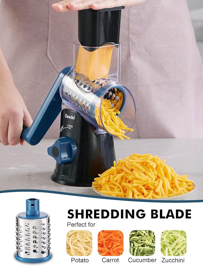 Geedel Rotary Cheese Grater, Kitchen Mandoline Vegetable Slicer with 3 Interchangeable Blades, Easy to Clean Rotary Grater Slicer for Fruit, Vegetables, Nuts - Image 4