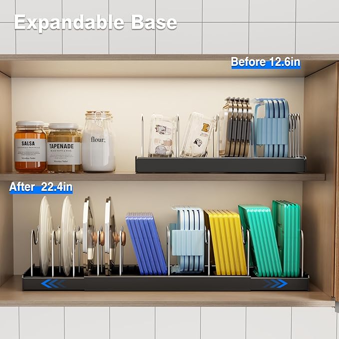Mustorn Pots and Pans Organizer Under Cabinet, 22" Expandable Food Storage Container Lid Organizers with 9 Adjustable Dividers Pot and Pan Lid Holders Rack Inside Cabinet/Countertop(1 Pack, Black) - Image 4
