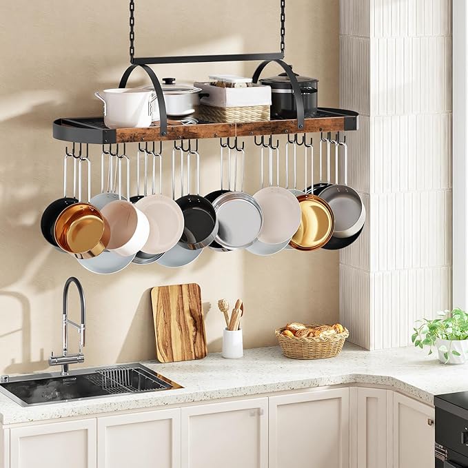 CHOEZON Hanging Pot Rack, Pot Hanger for Kitchen, Ceiling Mounted Pot Holder, Cookware Organizer with 24 S-Shaped Hooks, for Pot, Pan Storage, Space-Saving, Rustic Brown and Black TPR28BF - Image 2