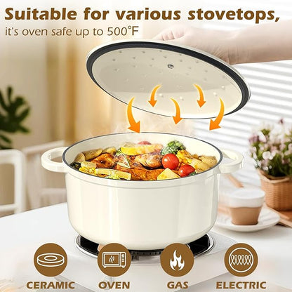 Umite Chef Enameled Cast Iron Dutch Oven-7QT Pot with Lid Cookbook & Cotton, Heavy-Duty Cookware for for Bread Baking, Braising, Stews, Marinate, Cook(Cream White) - Image 8