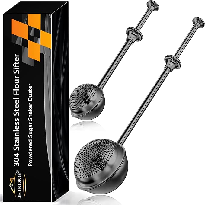 JETKONG 2 Pcs Flour Sifter, Stainless Steel Flour Duster for Bread Baking, Bakers Dusting Wand for Powdered Sugar and Spices (Small+Large, Black) by JETKONG