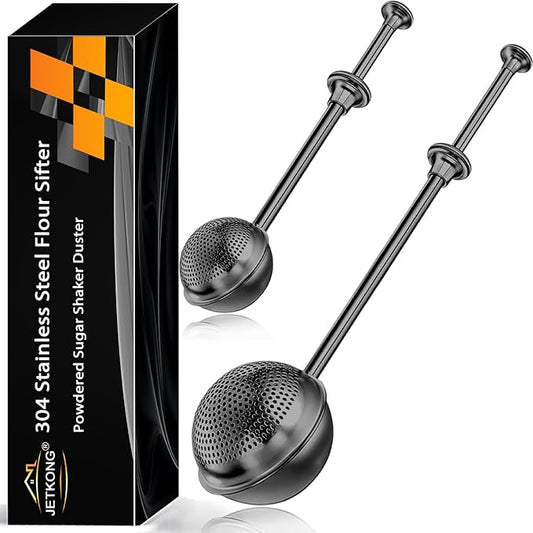 JETKONG 2 Pcs Flour Sifter, Stainless Steel Flour Duster for Bread Baking, Bakers Dusting Wand for Powdered Sugar and Spices (Small+Large, Black) by JETKONG
