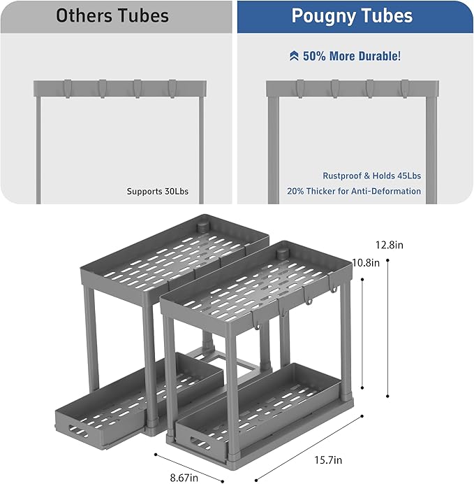 2PC Under Sink Organizer Rack 2 Tier Under Sliding Cabinet Basket Organizer Drawer with 4 Hooks, Multi-purpose Under Sink Storage for Bathroom Kitchen Desktop（Grey） - Image 2