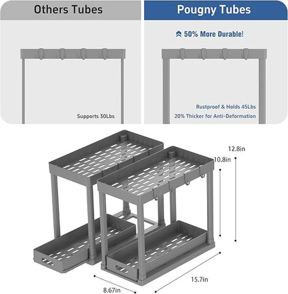 2PC Under Sink Organizer Rack 2 Tier Under Sliding Cabinet Basket Organizer Drawer with 4 Hooks, Multi-purpose Under Sink Storage for Bathroom Kitchen Desktop（Grey） - Image 2