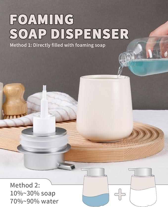 Bosilunlife Ceramic Foaming Soap Dispenser - 12Oz Bathroom Countertop Kitchen Dish Soap Pump Dispenser Foam Soap Dispenser - Beige with Silver