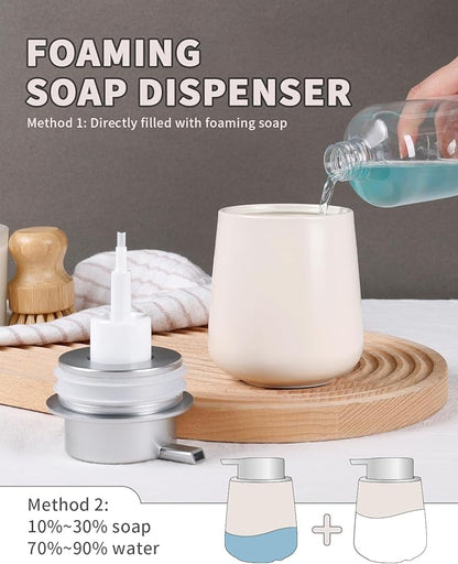 Bosilunlife Ceramic Foaming Soap Dispenser - 12Oz Bathroom Countertop Kitchen Dish Soap Pump Dispenser Foam Soap Dispenser - Beige with Silver