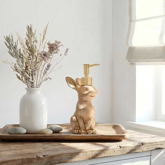 Gold Bunny Soap Dispenser – Vintage Rabbit Hand & Dish Soap Dispenser for Kitchen Sink & Bathroom Vanity – Rust Proof Pump Lotion Bottle – Resin Animal Statues Home Decor & Easter Decorations, 8oz