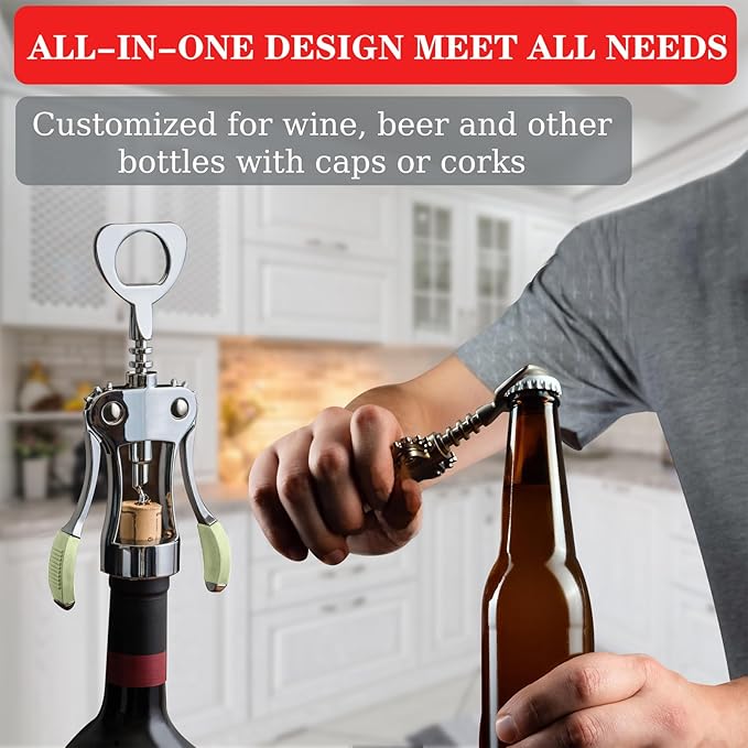 KORCCI Wine Opener, Heavy-Duty Zinc Alloy Wing Corkscrew, Premium Beer Bottle Opener, Multifunctional Wine Accessories with Ergonomic Handle and Sharp Screw, for Kitchen, Bar, Restaurant (GREEN) - Image 4