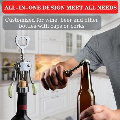 KORCCI Wine Opener, Heavy-Duty Zinc Alloy Wing Corkscrew, Premium Beer Bottle Opener, Multifunctional Wine Accessories with Ergonomic Handle and Sharp Screw, for Kitchen, Bar, Restaurant (GREEN) - Image 4