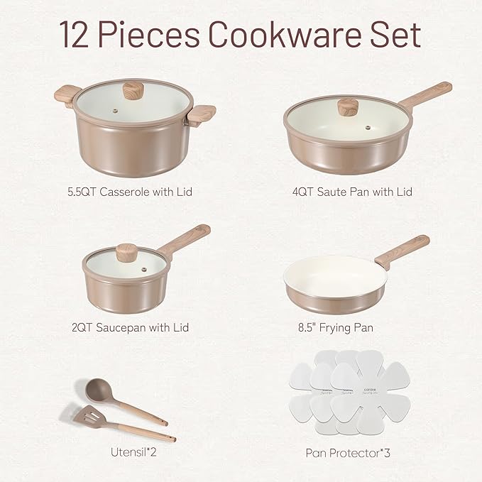 CAROTE 12Pcs Ceramic Pots and Pans Set Non Stick, Healthy Cookware Set, PFAS/PFOA Free, Kitchen Cooking Set with Frying Pans, Taupe - Image 2