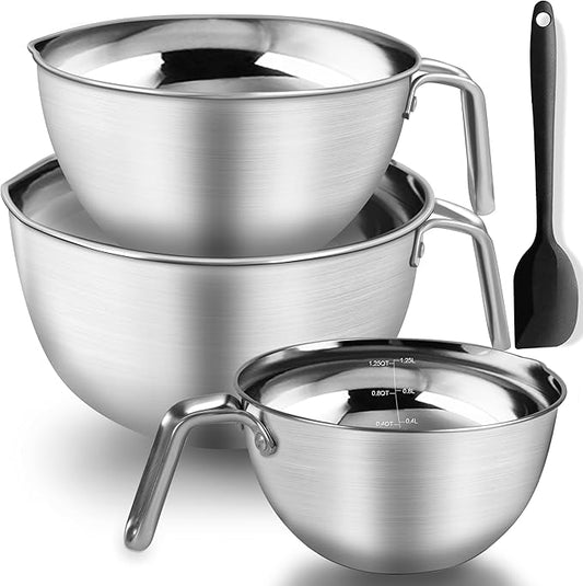 Marsheepy Stainless Steel Mixing Bowls With Handle And Pour Spout,3 Pieces Of Thick Stainless Steel Nesting Storage Bowls With Silicone Spatula for Kitchen Use,Size 1.1/1.8/2.3 Quart
