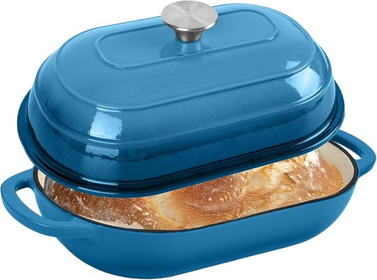 Premium Enameled Cast Iron Dutch Oven for Bread Baking | Non-Stick 5QT Oval Bread Oven with Lid | Perfect for Sourdough, Loaf, and Artisan Baking (Oval Blue, 5 QT)