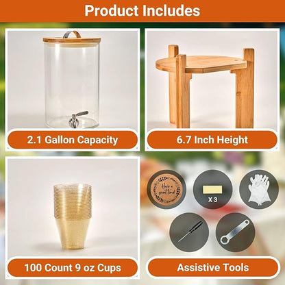Glass Beverage Dispenser with Bamboo Stand and Lid, Iced 2.1 Gallon Drink Server with Spigot, Large Thick Glass Drink Dispenser for Parties, Hotels, Restaurants, with 9 oz 100 clear Gold Plastic Cups