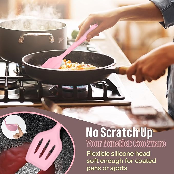 E-far Silicone Cooking Utensils Set, 7-Piece Pink Heat Resistant Kitchen Utensils Set, Kitchen Nonstick Tools Spatula Ladle Spoon Pasta Server for Non-stick Cookware, Non-Toxic & Dishwasher safe - Image 4