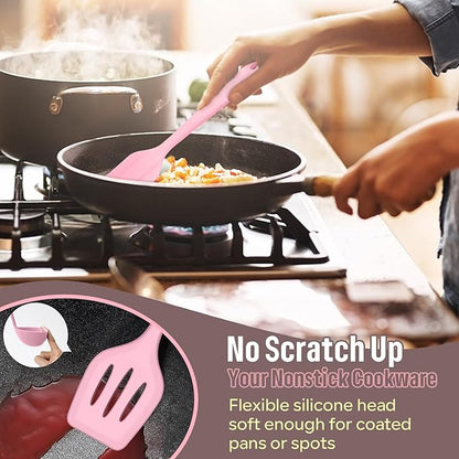 E-far Silicone Cooking Utensils Set, 7-Piece Pink Heat Resistant Kitchen Utensils Set, Kitchen Nonstick Tools Spatula Ladle Spoon Pasta Server for Non-stick Cookware, Non-Toxic & Dishwasher safe - Image 4