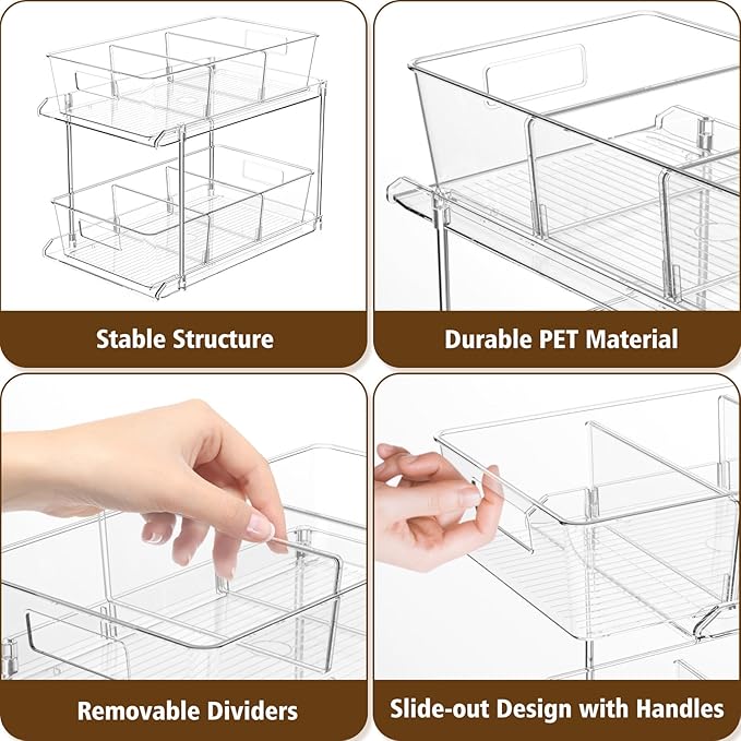 Fabspace 3-Pack Pull-Out Home Organizers, 2 Tier Clear Bathroom Organizer with Dividers, Multipurpose Vanity Counter Tray, Kitchen, Closet Organizers and Storage Container Bins for Cabinet, Pantry - Image 3