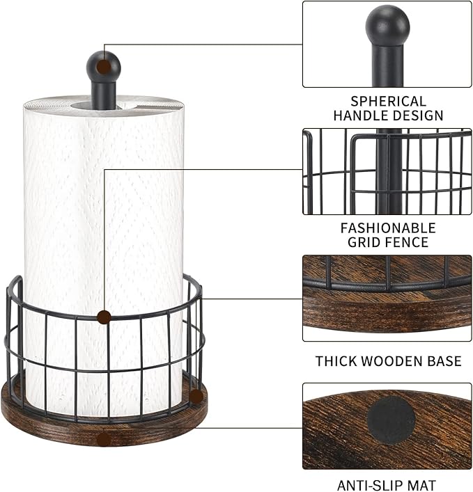 YINMIT Wood Paper Towel Holder Countertop, Farmhouse Paper Towel Holder with Heavy Duty Base, Wooden Paper Towel Holders, Paper Towel Holders for Kitchen, Fits Standard and Large Size Rolls - Image 2