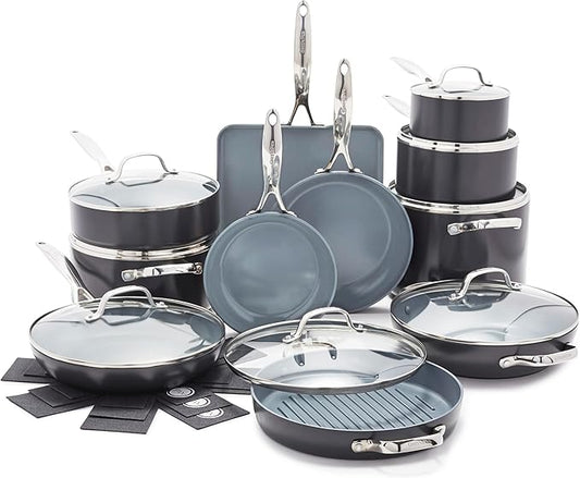 GreenPan Valencia Pro Ceramic Nonstick 22 Piece Cookware Set, Hard Anodized PFAS-Free Pots & Pans, Induction Ready, Compatible on All Cooktops, Dishwasher Safe, Oven Safe to 600F, Gray
