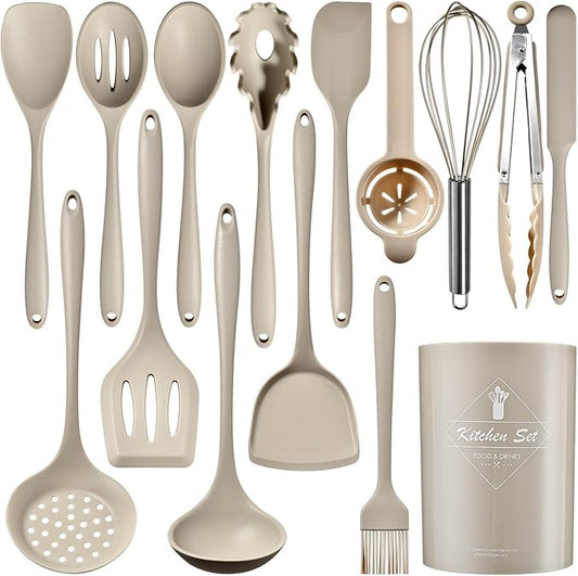 Silicone Kitchen Utensils Set - 15 Pieces Non Toxic Silicone Utensils Set For Cooking，428°F Heat Resistant Food Grade Kitchen Tools，Dishwasher Safe(Khaki, 15 Piece Set)