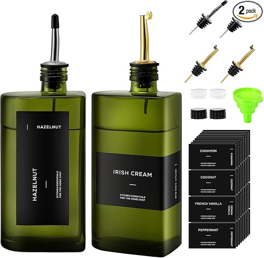 R DRURLCD Dark Green Glass Olive Oil Dispenser Set of 2, 16.9oz/500ml Curved UV-Blocking Oil and Vinegar, Soy Sauce, Coffee Syrup Bottles, 4 Gold Silver Stainless Steel Pourers for Kitchen