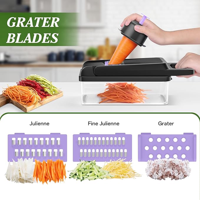 HomeHacks Vegetable Chopper Vegetable Cutter, 12 in 1 Kitchen Gadget, Dicer, Slicer, Onion Cutter, Salad, Cheese Grater & Egg Separator - Multi-Functional Veggie Chopper Lid with Handle (Purple) - Image 3