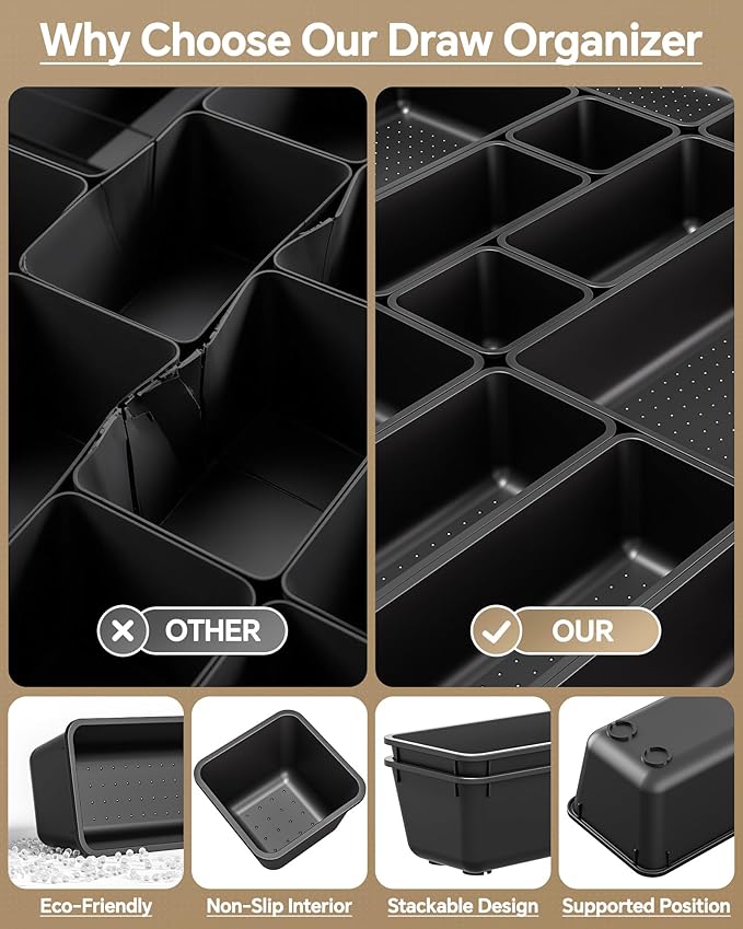 KEMETHY 25 PCS Plastic Drawer Organizers Set, 4 Sizes Vanity Organizer, Makeup and Desk Drawer Organizer Trays, Organization and Storage for Makeup, Bathroom, Kitchen Utensils and Office (Black) - Image 5
