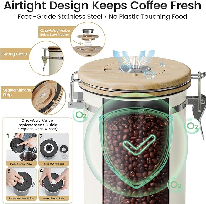 Veken Coffee Sugar Canister with Window, Mothers Day Gifts For Women,Airtight Stainless Steel Kitchen Food Storage Container, Date Tracker & Scoop for Grounds Coffee, Beans,Tea,Flour,Cereal,22OZ,Cream - Image 3